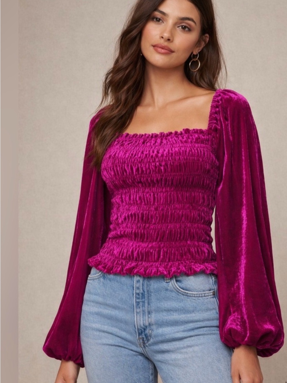 Anthropologie Fuchsia Smocked Velvet Square-Neck Blouse Puff Sleeve Top Medium
